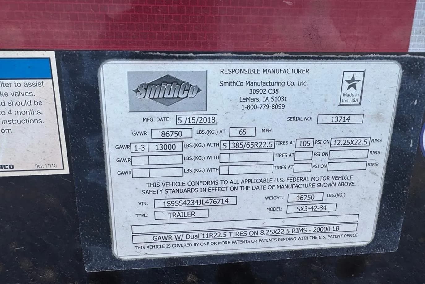 2018 SmithCo SX3-42-34 Side Dump thumbnail 3
