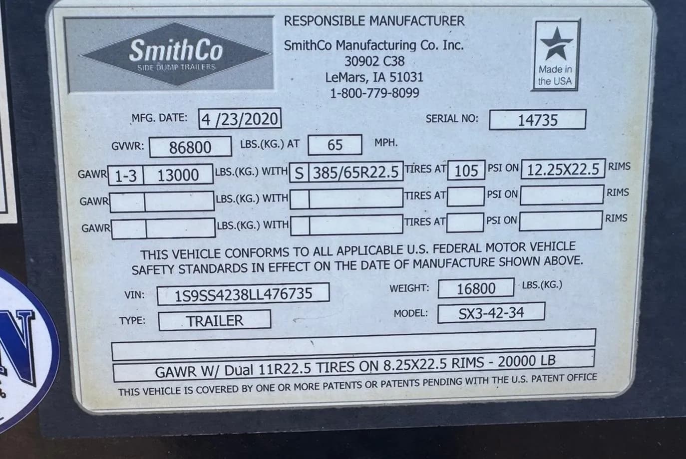 2020 SmithCo SX3-42-34 Side Dump thumbnail 13