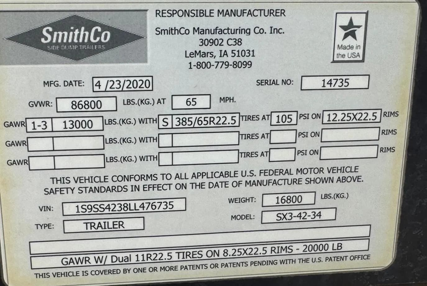2020 SmithCo SX3-42-34 Side Dump thumbnail 16