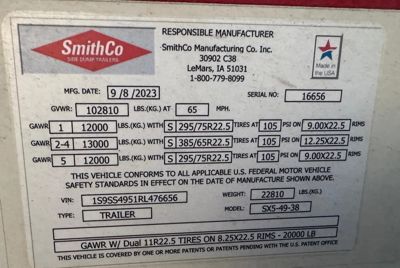 2024 SmithCo SX5-49-38 Side Dump thumbnail 5