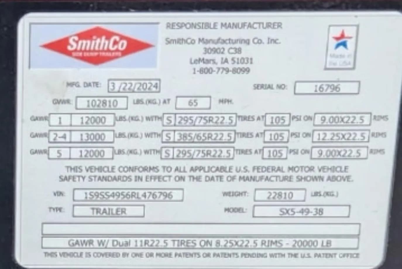2024 SmithCo SX5-49-38 Side Dump thumbnail 8