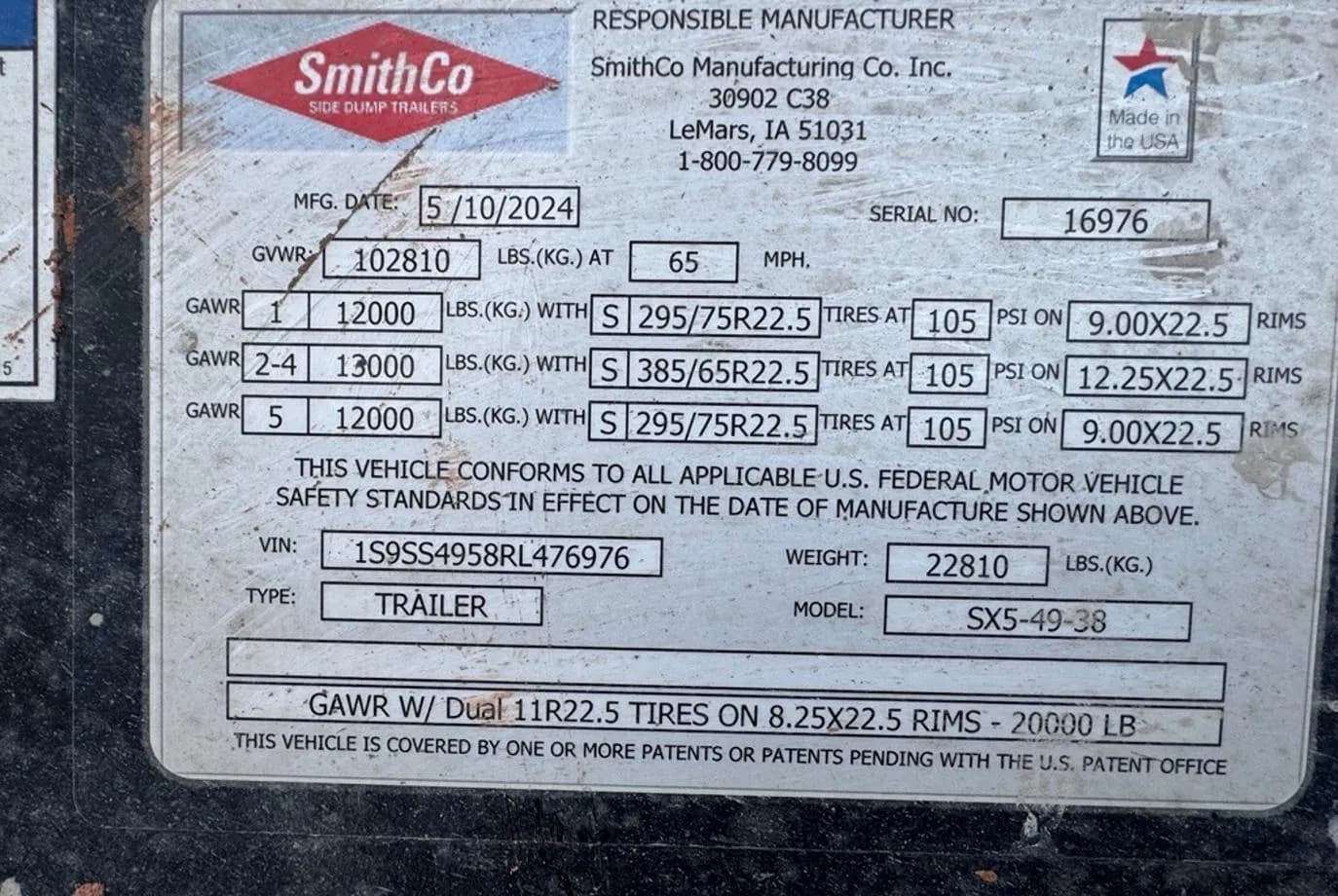 2024 SmithCo SX5-49-38 Side Dump thumbnail 10