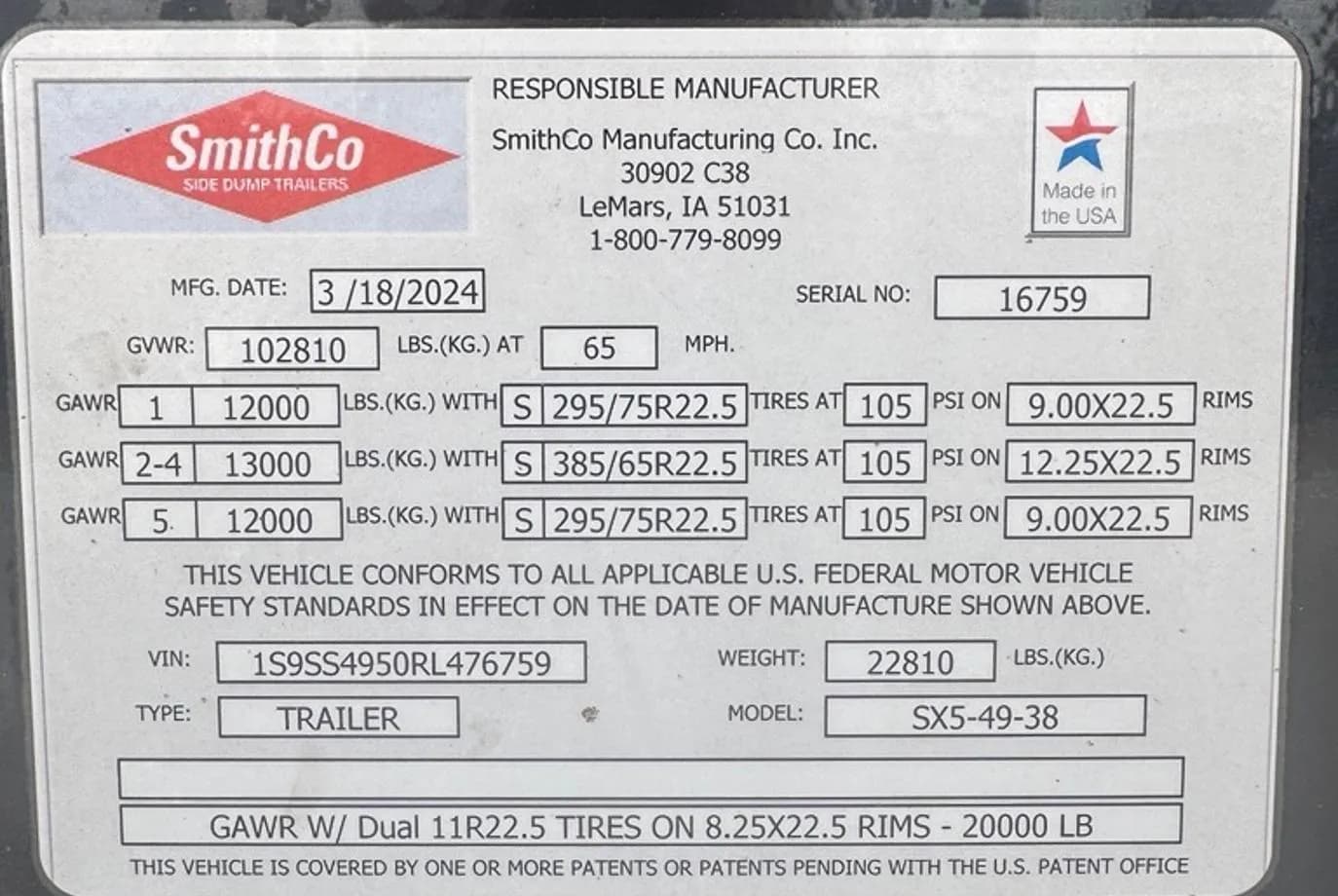 2024 SmithCo SX5-49-38 Side Dump thumbnail 8