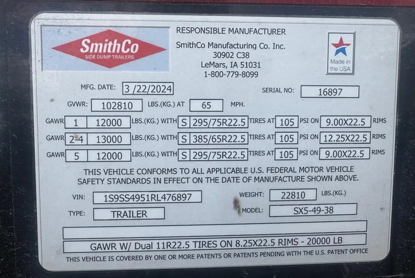 2024 SmithCo SX5-49-38 Side Dump thumbnail 11