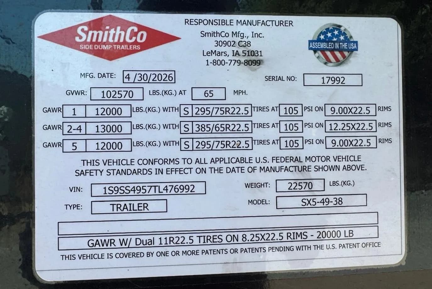 2026 SmithCo SX5-49-38 Side Dump thumbnail 8