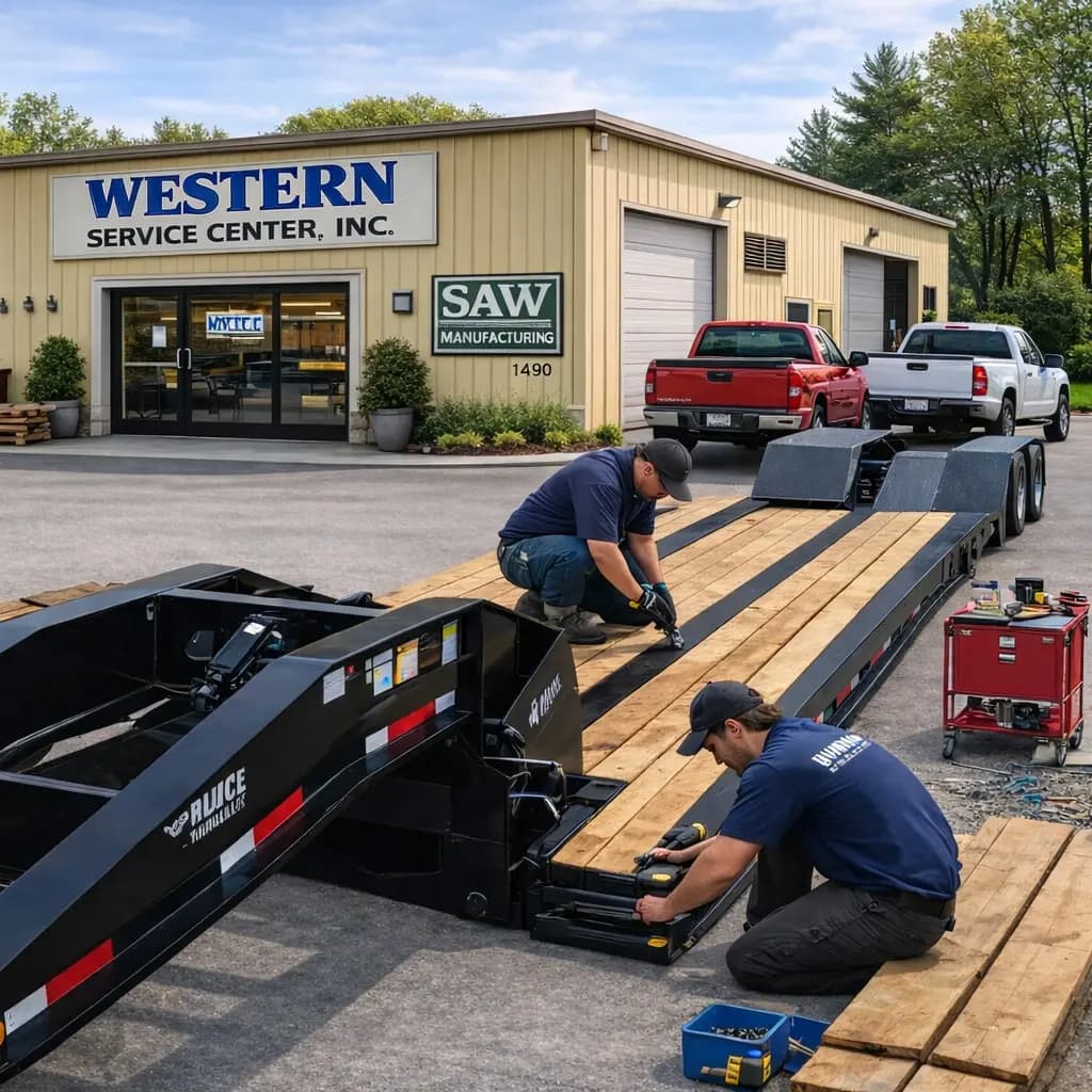 Technicians installing new wood deck boards on a trailer
