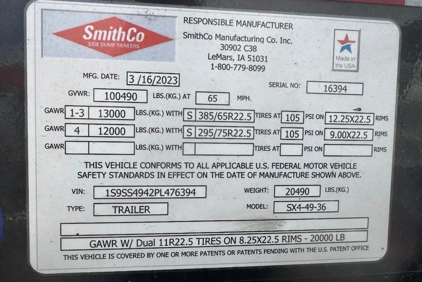 2023 SmithCo SX4-49-36 Side Dump