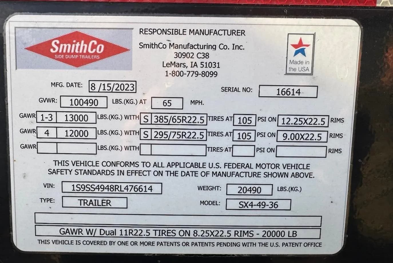 2024 SmithCo SX4-49-36 Side Dump