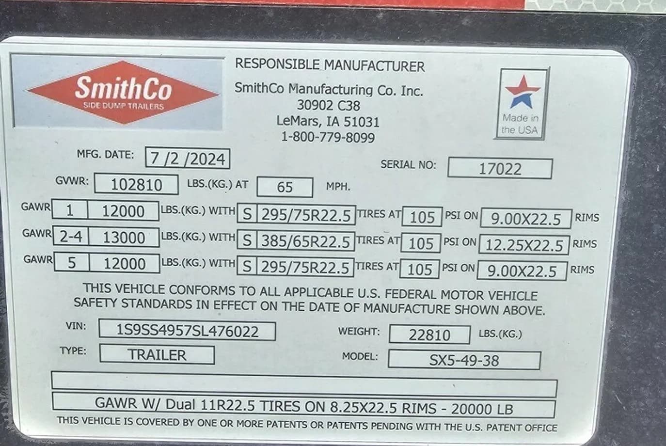 2024 SmithCo SX5-49-38 Side Dump